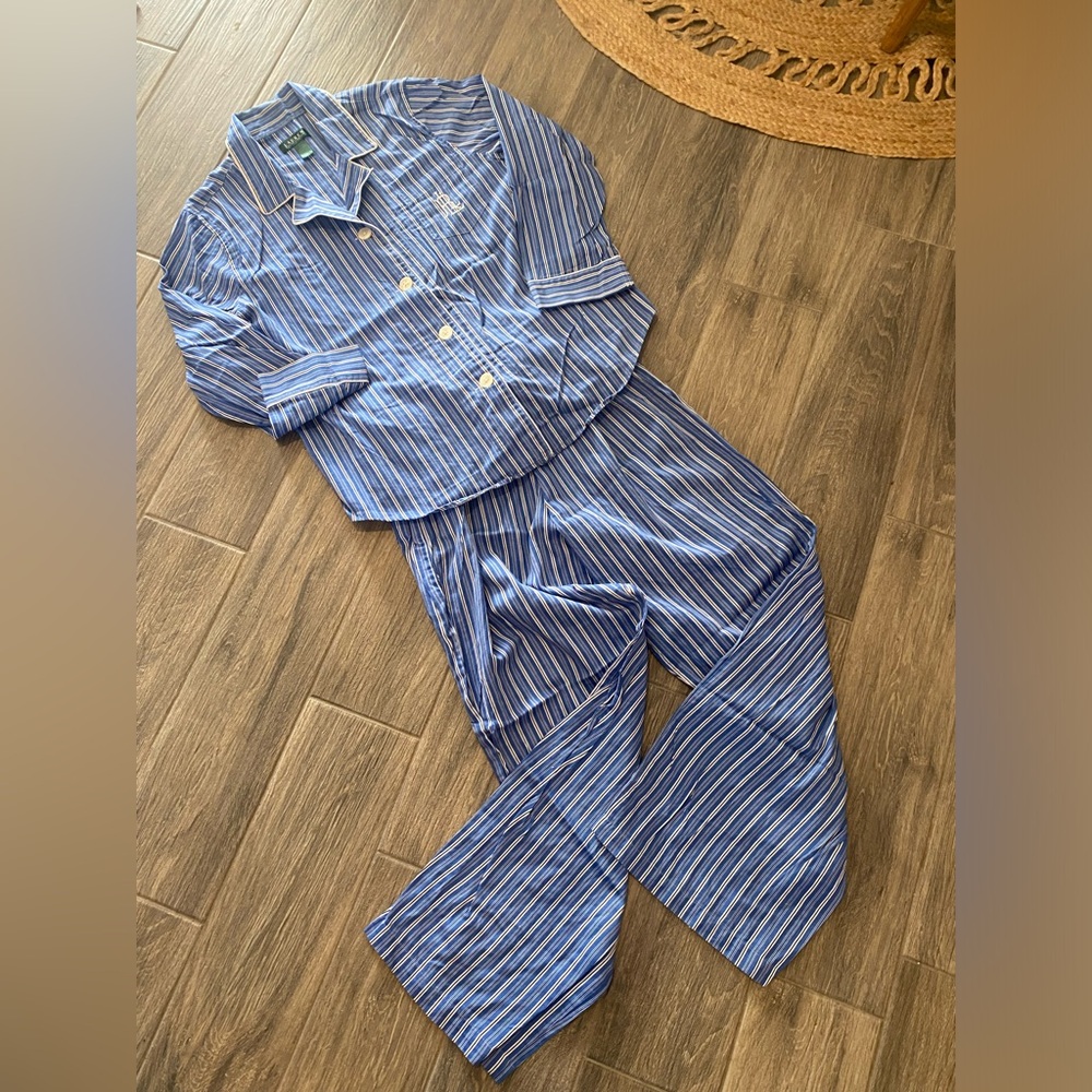 Lauren Ralph Lauren Women’s Pajama Set Blue White Stripe Size XL Cotton - Picture 2 of 6